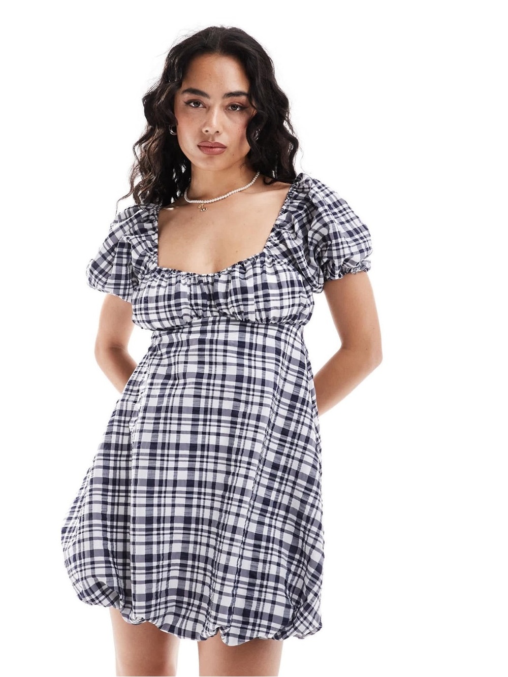ASOS DESIGN puff sleeve mini smock dress with puff ball hem navy gingham 12 NWT